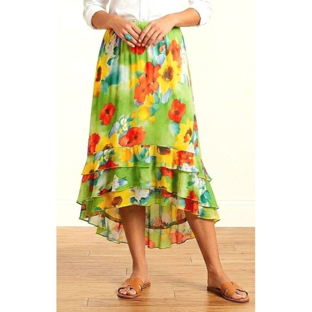 Jams World Effervescent Floral Ruffle Skirt Medium M Rayon Hi-Low Hawaiian Art